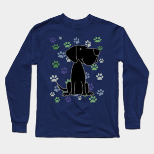 Funny Black Labrador Retriever Dog and Paw Prints Pattern Long Sleeve T-Shirt