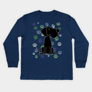 Funny Black Labrador Retriever Dog and Paw Prints Pattern Kids Long Sleeve T-Shirt