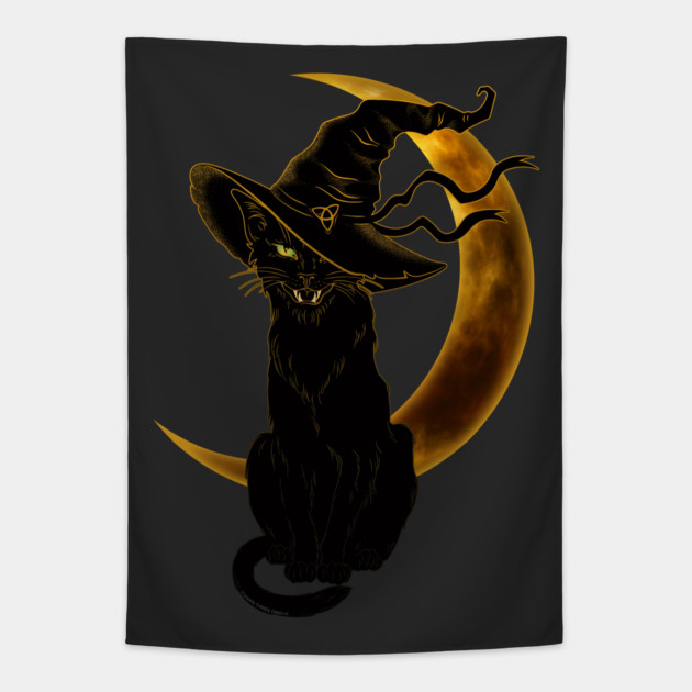 Black Cat with Witch Hat and Crescent Moon Black Cat Tapestry