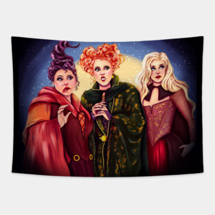 Sanderson sisters, Mary, Sarah, magic, halloween, All Hallows’ Eve, spooky, witches, witch, broom, hocus Tapestry