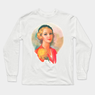 vintage drawing of chic blonde girl with beret Long Sleeve T-Shirt