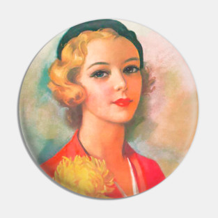 vintage drawing of chic blonde girl with beret Pin