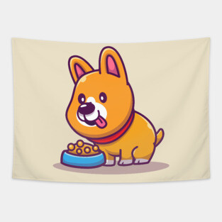 Cute Corgi Eating Dog Food Tapestry