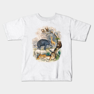 Wild Animals Vintage Illustration Lion Tiger Elephant Vulture Giraffe Kids T-Shirt