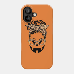 Jack O Lantern Face pumpkin messy bun Halloween leopard funny Phone Case