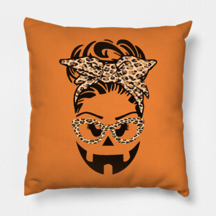 Jack O Lantern Face pumpkin messy bun Halloween leopard funny Pillow
