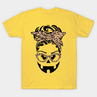 Jack O Lantern Face pumpkin messy bun Halloween leopard funny T-Shirt