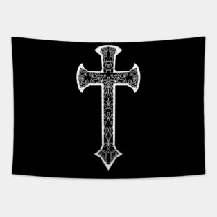 White colored cross design with intricate Celtics work Tapestry