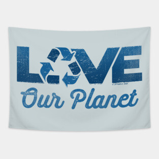 Love Our Planet, Reuse, Recycle in Navy Blue Tapestry