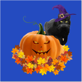 Black cat with witch hat, catoween halloween, jack pumpkin Posters and Art