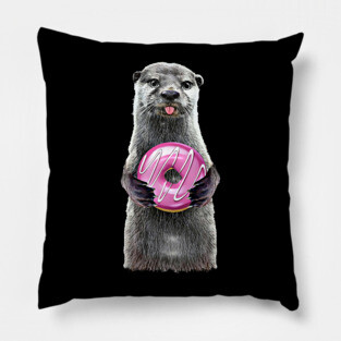 Otter Holding Doughnut, cute otter with pink donut Pillow