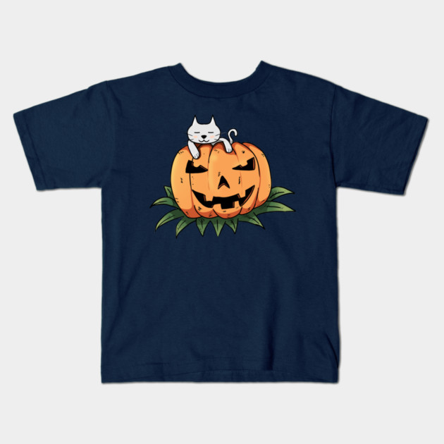 CAT ON PUMPKIN Kids T-Shirt by droidmonkey