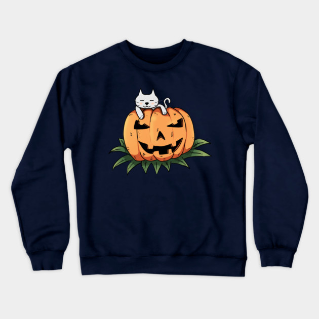 CAT ON PUMPKIN Crewneck Sweatshirt by droidmonkey