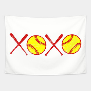Vintage XOXO Love Softball Hugs and Kisses Yellow and Red Tapestry