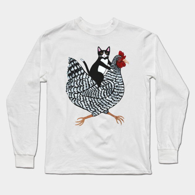 Tuxedo Cat on a Chicken Long Sleeve T-Shirt by KilkennyCat Art