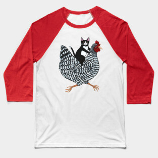Tuxedo Cat on a Chicken Baseball T-Shirt