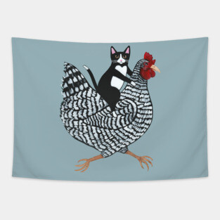Tuxedo Cat on a Chicken Tapestry