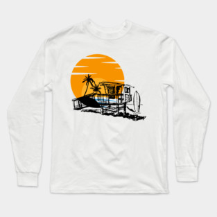 Life Guard Station at the Beach with Sunset and Surfboard Long Sleeve T-Shirt