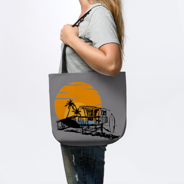 Life Guard Station at the Beach with Sunset and Surfboard by Joaddo