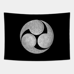 Hidari Mitsu Tomoe Kamon in Silver Foil Tapestry