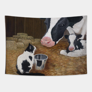 Tuxedo Cat with Cow and Calf Tapestry