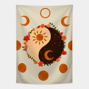Floral Yin Yang & moon phases Tapestry