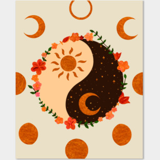 Floral Yin Yang & moon phases Posters and Art