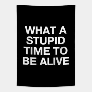 "WHAT A STUPID TIME TO BE ALIVE" in plain white letters - it really is the dumbest timeline Tapestry