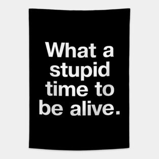 "What a stupid time to be alive." in plain white letters - it really is the dumbest timeline Tapestry