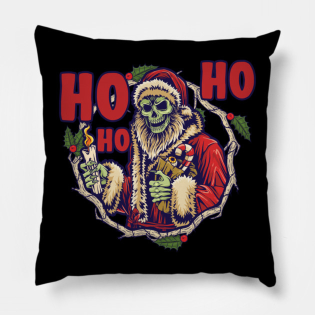 Ho Ho Ho Scary Santa Skeleton Christmas Skull Pillow by creative