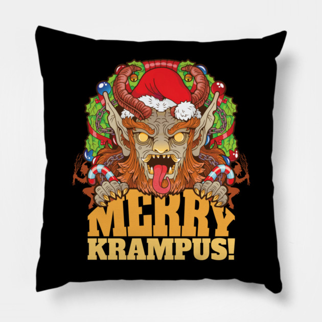 Merry Krampus Santa Creepy Christmas Horror Pillow by creative