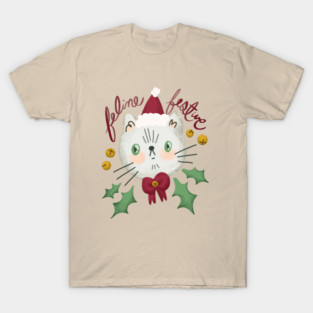 Feline Festive - Christmas cat illustration with bells and holly T-Shirt