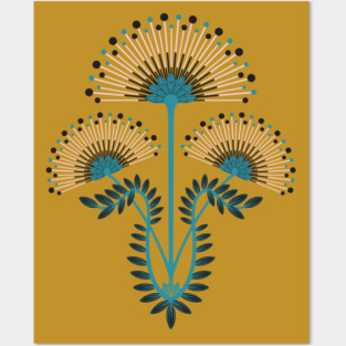 MIMOSA Art Deco Floral in Bold Black Turquoise Light Pink - UnBlink Studio by Jackie Tahara Posters and Art