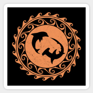 Hammerhead shark and dolphin on polynesian sun Sticker