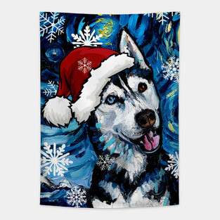 Happy Husky Santa Tapestry