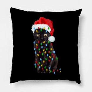 Black Cat In Santa Claus Hat Tangled in Christmas Lights Pillow