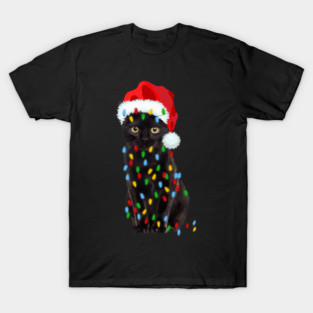 Black Cat In Santa Claus Hat Tangled in Christmas Lights T-Shirt