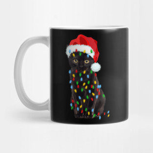 Black Cat In Santa Claus Hat Tangled in Christmas Lights Mug