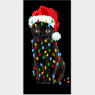 Black Cat In Santa Claus Hat Tangled in Christmas Lights Posters and Art