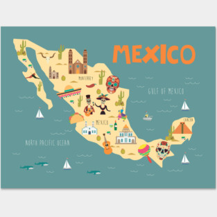 Mexico Illustrated Map Posters and Art