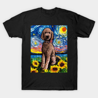 Brown Goldendoodle Night with Sunflowers T-Shirt