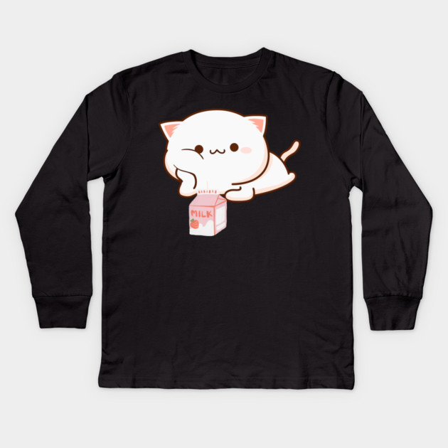 Cat Strawberry Milk Anime Japanese Kawaii Kids Long Sleeve T-Shirt by Pixel Threads 