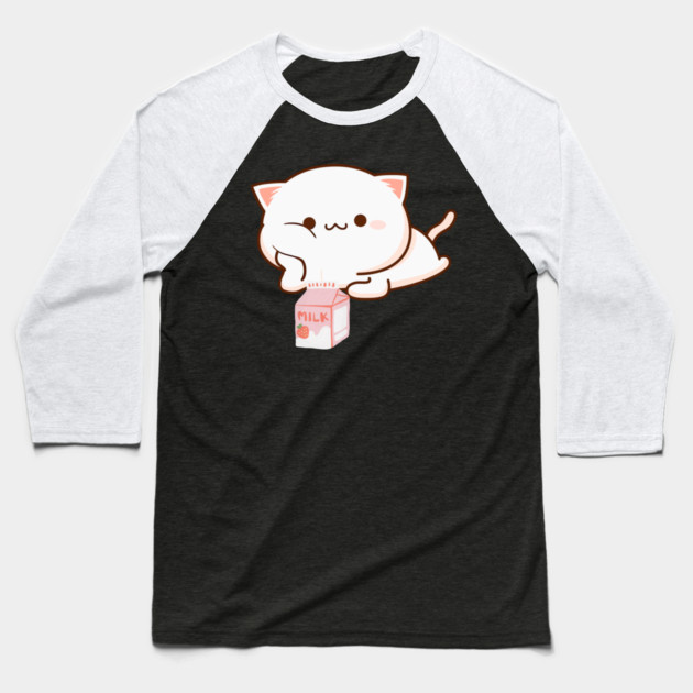 Cat Strawberry Milk Anime Japanese Kawaii Baseball T-Shirt by Pixel Threads 