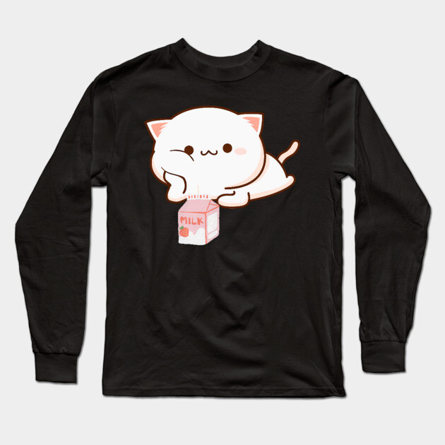 Cat Strawberry Milk Anime Japanese Kawaii Long Sleeve T-Shirt by Pixel Threads 