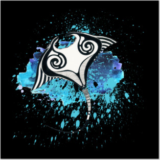 Manta Ray Tribal Blue Ink Splash Posters and Art