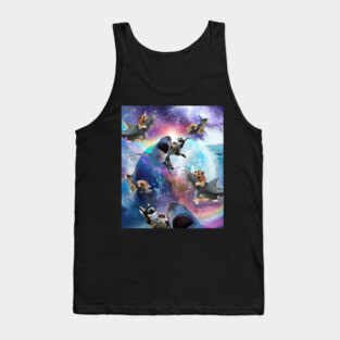 Space Cat Riding Shark, Galaxy Rainbow Cats On Sharks Tank Top