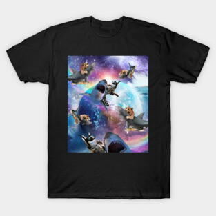 Space Cat Riding Shark, Galaxy Rainbow Cats On Sharks T-Shirt