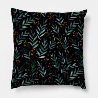 Festive watercolor branches - black, teal and orange Pillow