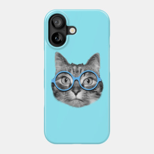 Cute hipster cat wearing big blue eyeglasses Phone Case