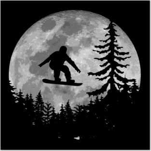 Snowboard Moon Silhouette Vintage Snowboarding Posters and Art